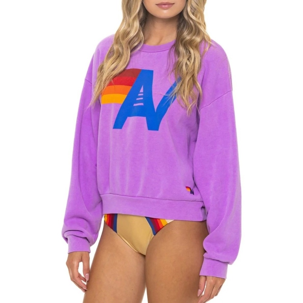 Aviator Nation Logo Relaxed Crew Sweatshirt Women Small Neon Purple Rainbow Logo
